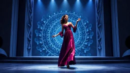 modern stage with gray-blue theme artistic decoration , color full dynamic lighting, a beautiful lady in modern maxy dark purple red dress with shining silver jwells dancing, 3D recursive fractal structure animating background