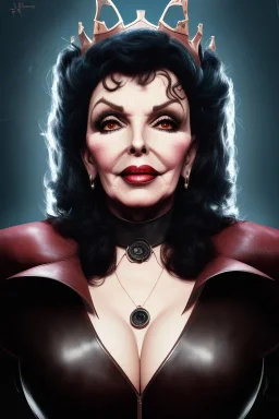 Joan Collins as evil queen in black leather, leather, busty, cleavage, angry, stern look. character design by cory loftis, fenghua zhong, ryohei hase, ismail inceoglu and ruan jia. unreal engine 5, artistic lighting, highly detailed, photorealistic, fantasy