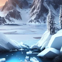 highly detailed icy mountain lake landscape, sunset, illustration, cinematic lighting, 4k, 8k, octane render, digital concept art, trending on artstation, pinterest, extremely detailed, ambient lighting.