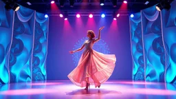 modern stage with blue theme artistic decoration , color full dynamic lighting, a beautiful lady in modern maxy dress with shining jwells dancing, 3D recursive fractal structure animating background