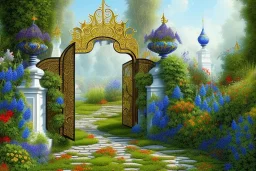 intricate ornate gate, garden, path, flowers, fine detail, acrylic paint, Zouave