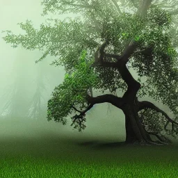 mystic tree full of sprites and surrounded by a magic aura and fog