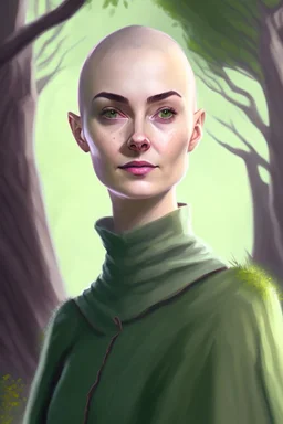 full color portrait drawing, portrait, fantasy setting, 22-year old friendly female human cleric, shaved head, light eyebrows, grey eyes, background yew tree