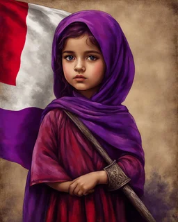 Artistic red purple little palestinian girl Holds a flag of Palestine , PRINT medieval style