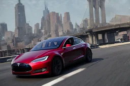 A Tesla 'Model 3' is racing at top speed, near the 'Statue of Liberty' in New York. CINEMATIC. WIDE ANGLE LENS. PHOTO REAL.