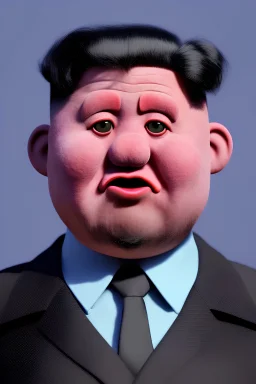 Waist up muppet Portrait, Kim Jong-un as muppet doll, black suit and retie, photo studio, blue background, unreal engine 5, concept art, art station, god lights, ray tracing, RTX, lumen lighting, ultra detail, volumetric lighting, 3d.