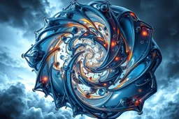 Dynamic complex hypnotic fractal 3D structures horizontal Symmetry twisting and morphing between organic and geometric forms , smooth translucent iridescent glass with inner glow and bubbles, varied transparent materials, stormy skies, intense dramatic