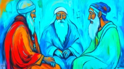 abstract painting, The conversation between the shaman, the shepherd and the guru,