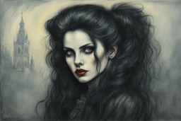 create full body oil pastel of a dark haired, savage, gothpunk vampire girl with highly detailed , sharply defined hair and facial features , in a foggy 19th century Moscow, in the style of JEAN-FRANCOIS MILLET