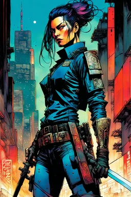 create a full body portrait illustration of a cyberpunk samurai female police detective with prosthetic arm, with highly detailed , sharply defined feminine facial features, in a chaotic, turbulent, otherworldly city in the comic art style of BILL SIENKIEWICZ and JEAN GIRAUD MOEBIUS, searing lines and forceful strokes, precisely drawn, inked, and darkly colored