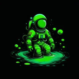 Astronaut in green float in dark space cartoonish