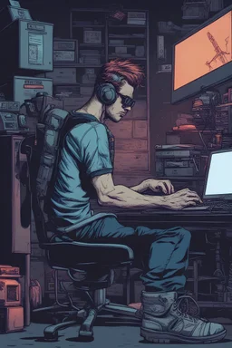 man, cyberpunk, sitting at a computer, comic book art style, geek, engineer, t-shirt, jeans, drug addict,