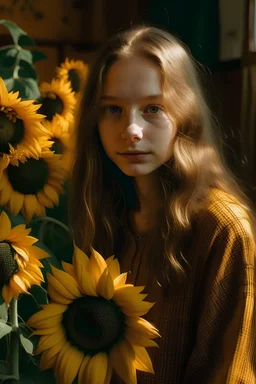 chica con un ramo de girasoles