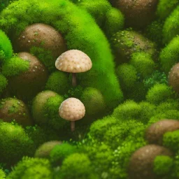 microphotography mushroom growing in a mossy dense lush green woods, high definition, detail, HD, 8k, realistic, 3d rendering, blender, photography, fisheye, bulge, tilt shift blur