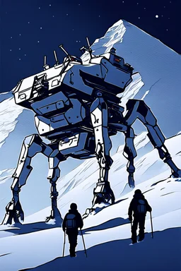 a minimalist silhouette of a sleek mechanical walker with eight legs scaling a very steep snow covered side of mout everest at night, it has a smooth surface, it has storage pods on its belly and humans can fit in the pods