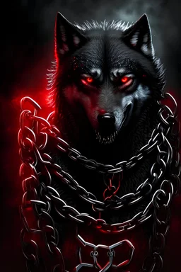 Black wolf, red eyes, fangs, chained to chains He can cut chains and free himself