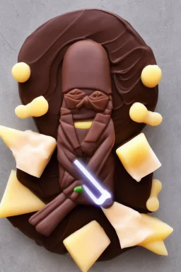 sponge cake filled with chocolate topped with a marzipan Jedi holding a lightsaber