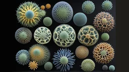 Exotic microscopic organisms, coloured, perfect geometric designs, amazing detail, beautiful composition, award-winning photograph, astonishing realism, 28mm lens, adjust perspective