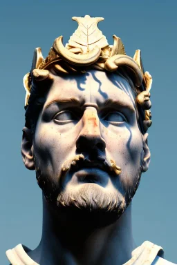 Ultra Realistic image, Roman sculpture, white marble material, Lionel Messi, gold Laurel leaves wreath, god crown, baroque ornaments, one gold star in heart, sun ornament, sun rays background, chisel style, waist up portrait, emperor style, epic, celestial, cinematic lighting, God light, god rays, 4k resolution, smooth details, ornate details, soft lighting, unreal engine 5, art station, substance 3d.