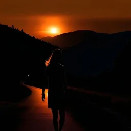 dark night, silhouette of a woman in a sleeveless top, mountains and forests next to the road, a beautiful orange sunrise in the distance, photo quality