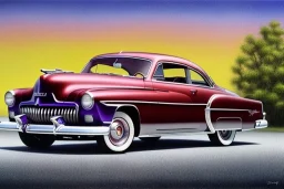 a true-to-life 1950 mercury coupe, classic wheels, pen and color marker, centered, intricate, extreme detailed, photorealism, center view, drive-in background, pivot on mercury, painting by cheryl kelley