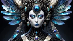 create an image of a beautiful menacing prismatic and (iridescent:1.5) (geisha alien:1.5) with perfect gorgeous black alien eyes and adorned with (unique bone carvings:1.5) with futuristic jewelry and pearlescent butterflies filigree, H.R. Giger style, Japanese and alien background, sharp focus, whimsical, fantasycore, aliencore, gothcore, lillies and tropical flora, aliens