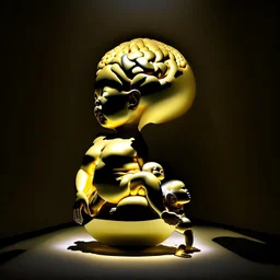 a huge golden inflated sculpture of brain supported by very small beautiful Asian female human bodies,complex surgical instruments,a newborn boy between light and shadow, black background,surrealism, symbolism, minimalism, sculpture by Lucian Freud, Rene Magritte, Salvador Dali