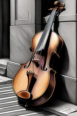 One single mature homeless cat sleeping in a corner on the street, violin case, Vienna, mourning, model style, hyper realistic, extremely accurate, delicate, extremely detailed, Graphic novel style, wide-angle, open aperture, superfine pencil