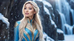 Photo realistic portrait of a gorgeous smiling skinny euro-asian goddess with a golden dark shining skin, long smooth blonde hair, blue eyes, in a sci-fi outfit with luminous strikes blowing a kiss in a snowy hill, a frozen waterfall, a crystal palace, hills in a wide persperctive, particles in the air in winter. Intricated details,