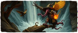 octopus bird witch bear by waterfall looks beyond really powerful slapping a bird in the face with fire, fantasy illustration, in the style of Rembrandt