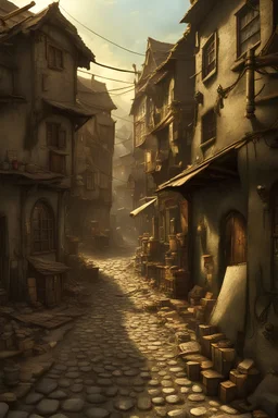 Fantasy city slum street with cobblestone, moist from rain on sunny day, lots of shops and side alleys