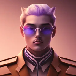 man, cute face, white highlight hair, brown eye, white, skin, purple suits, futuristic, science, purple, blue, dark pink background lighting, technology, profile, asian boy, square face, light orange, pug