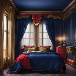 Living room in midnight blue, red and gold. A wide old bed and a large window with curtains