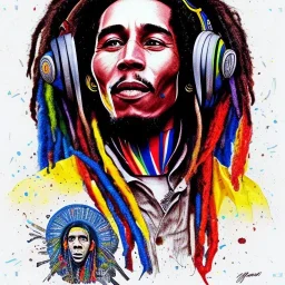 a realistic picture of Bob Marley with dreadlocks, at a turntable with headphones on being a DJ, jamaican color, with sunglasses, psychedelic trippy art