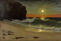 night, rocks, sea, waves, seashore, sand, ernest welvaert and hans am ende impressionism paintings