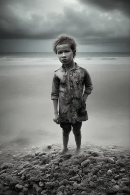 desaturated oil painting of boy on beach, old clothes, dark storm clouds overhead, gloomy, bleak, little fires