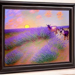 Goat faces with lavender flowers and milk sunset bright colors by Claude Monet