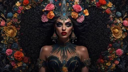 detailed full body attractive lady, big top,insanely detailed and intricate, hypermaximalist, ornate top, black hairs, make-up eyes, black environment, isometric view, embroidered detailed texture, zoom out, bloom, black atmosphere and dark shades, blacke haze, cinematic lighting, highly detailed, full quality, detailed face, sharp focus, very intricate, generative artist, volumetric lighting, epic Composition, octane, 16k, –v 5 –chaos 80