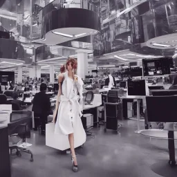 photo of a young beautiful fashion model wearing high fashion balenciaga clothes posing on the dow jones trading floor with bankers busy working in the background, balenciaga, photorealistic, colourful, high contrast, dow jones, trading floor, fashion photography, high resolution, 8k, hard light, gen z, wide angle lens