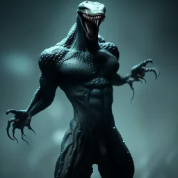 Venom,fluid ink creature in a dark cave, shiny skin, ambient lighting, unreal engine 5, 8k resolution, photorealistic, ultra detailed