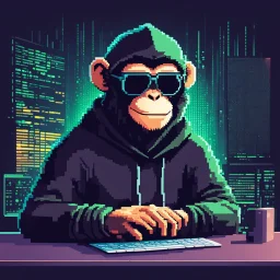 A grinning Monkey sitting in front of a laptop, hacking systems, wearing a hoodie and sunglasses. Matrix in background. Pixel Art. Profile Picture. Avatar. Pixel