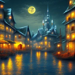 Fantasy city, cove, dock, night