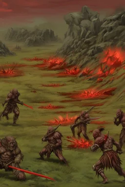 a red battle field with dead orcs