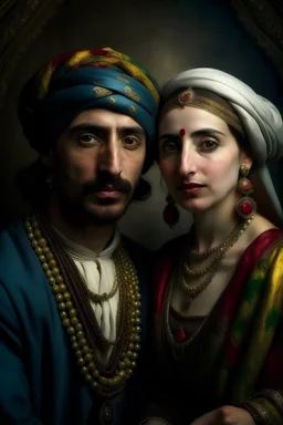 Portrait of Iranian couple in turban and jewellery style of Claude Monet