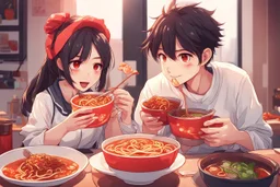 cute anime style couple eating spicy beef noodle soup