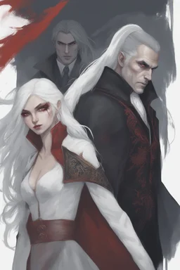 Vampire count Strahd Von Zarovich has long black hair and red eyes, with a woman with white hair