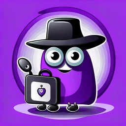 Social Media Design suitcase has eyes, a mouth, eyes, hands and legs, a cute smiley, wearing a black hat and carrying a passport. Comic shape. . A simple purple background. Give me the image with the best automated atmosphere. Sinai. Darmi.