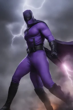 Kent Walker aka THE PHANTOM, Strong, athletic physique, action poses, wearing a skin-tight, formfitting purple bodysuit with a skin-tight, formfitting purple cowl, black eye disguise, black utility belt and double holstered pistol belt, black knee-high boots, glowing white eyes, battle scars, blood, foggy, cloudy background, multicolored lightning, flowing lava, Full Eclipse, aliens, explosions, bright, vibrant, extremely colorful, detailed, blood red skies