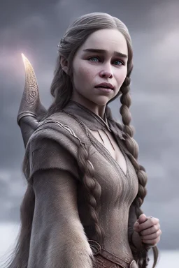 emilia clarke, viking clothes, realistic, unreal engine, cinematic lighting, octane render, particles fire, particles fog, particles smoke,