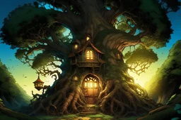 A House Nestled In The Roots Of A Huge Tree, House With Windows Door And Chimney, Forest Background, Colorful, Dramatic Lighting, . Hyperrealistic, Splash Art, Concept Art, Mid Shot, Intricately Detailed, Color Depth, Dramatic, Side Light, Colorful Background Mark Brooks And Dan Mumford, Comic Book Art, Perfect, Smooth